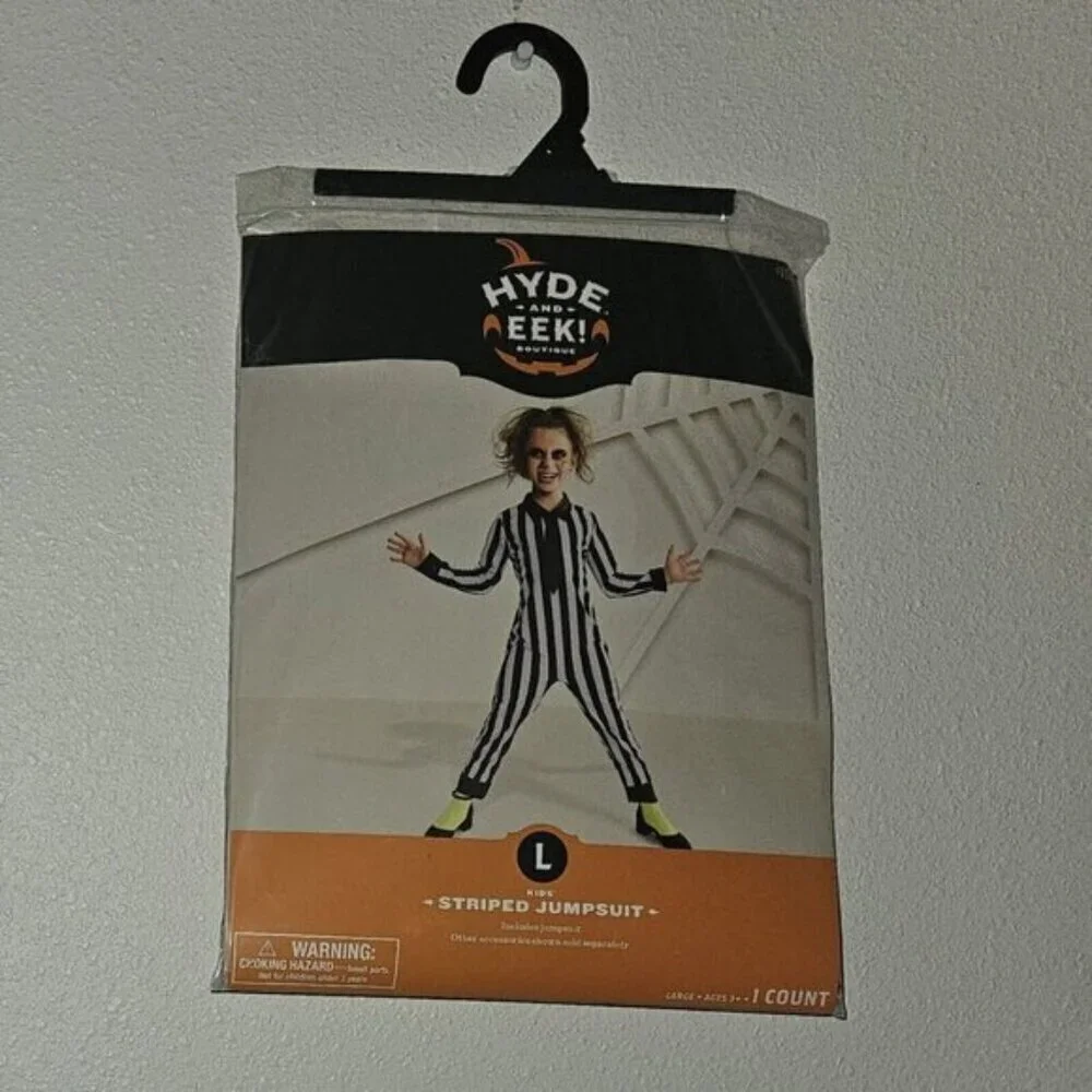 NEW Striped Jumpsuit Halloween Costume Boy Girl Large Black White Beetlejuice